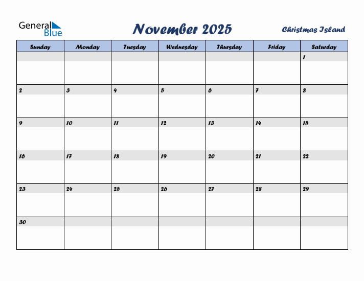 November 2025 Calendar with Holidays in Christmas Island
