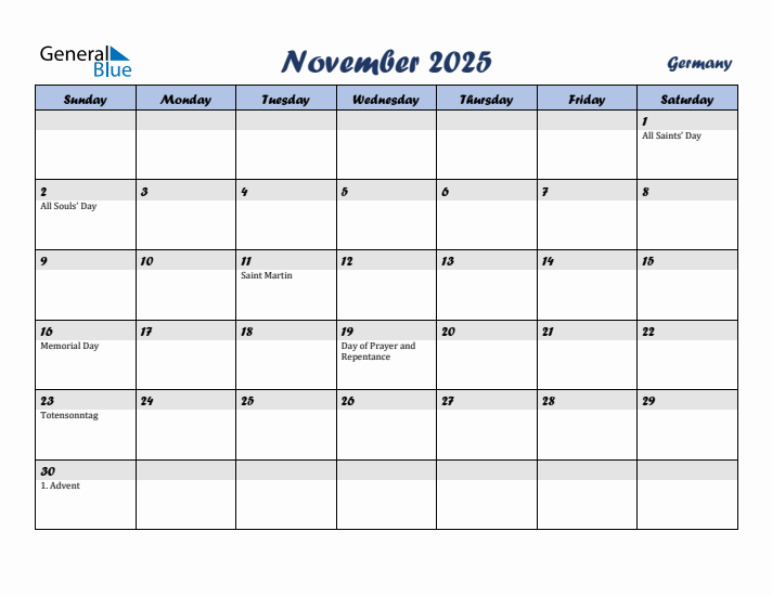 November 2025 Calendar with Holidays in Germany