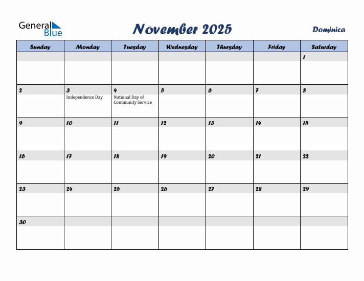 November 2025 Calendar with Holidays in Dominica