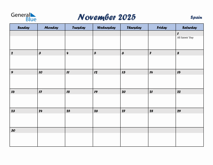 November 2025 Calendar with Holidays in Spain