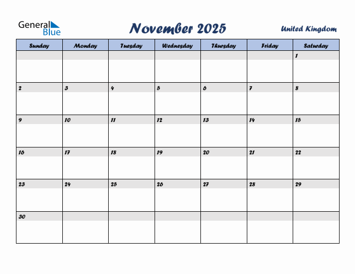 November 2025 Calendar with Holidays in United Kingdom