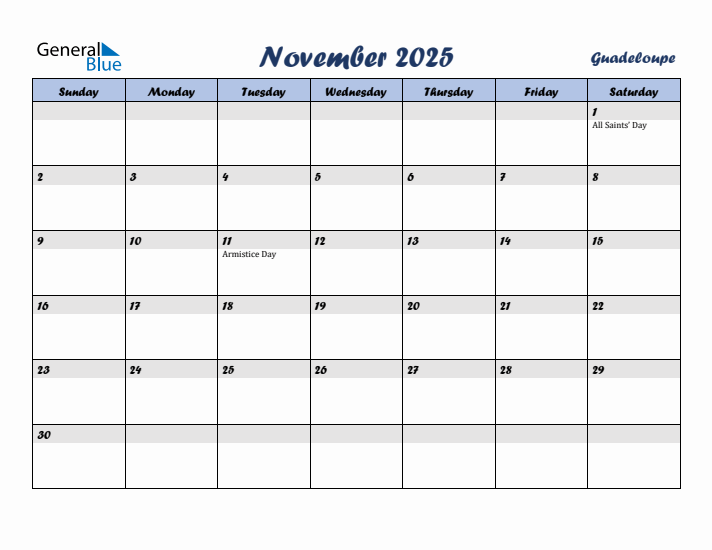 November 2025 Calendar with Holidays in Guadeloupe