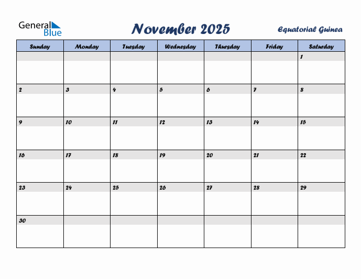 November 2025 Calendar with Holidays in Equatorial Guinea