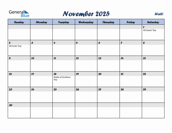 November 2025 Calendar with Holidays in Haiti