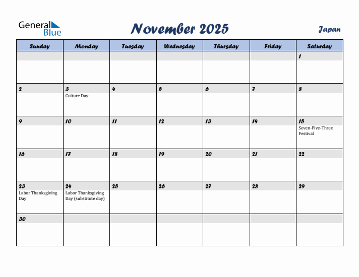 November 2025 Calendar with Holidays in Japan