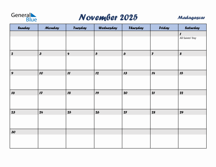 November 2025 Calendar with Holidays in Madagascar