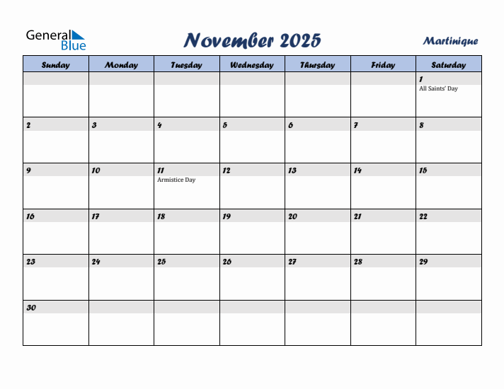 November 2025 Calendar with Holidays in Martinique