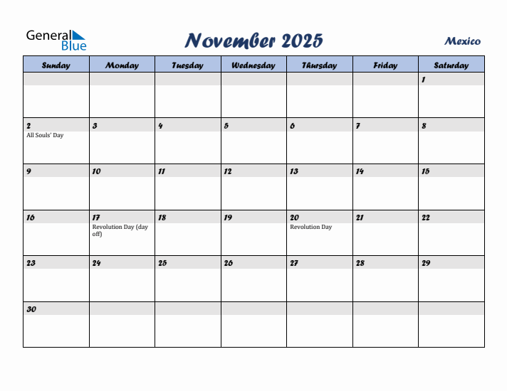 November 2025 Calendar with Holidays in Mexico