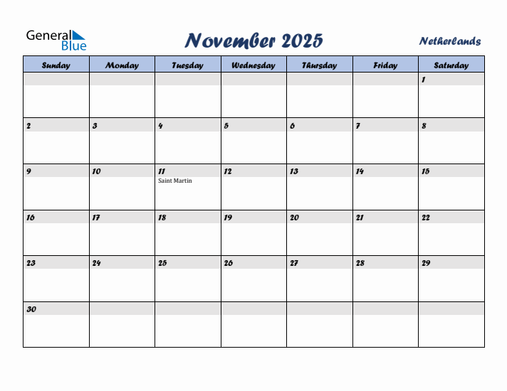 November 2025 Calendar with Holidays in The Netherlands