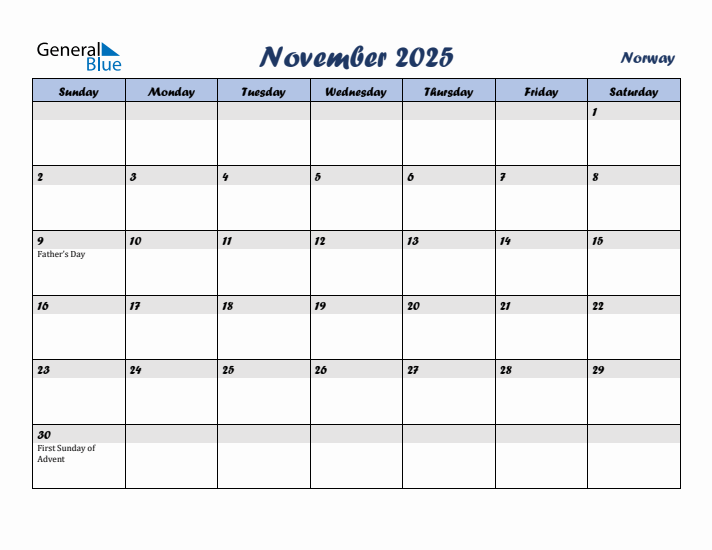 November 2025 Calendar with Holidays in Norway