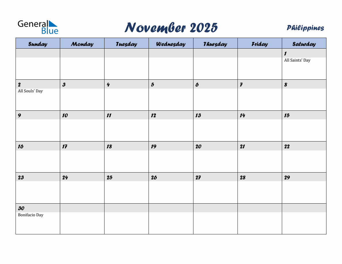 November 2025 Monthly Calendar Template with Holidays for Philippines