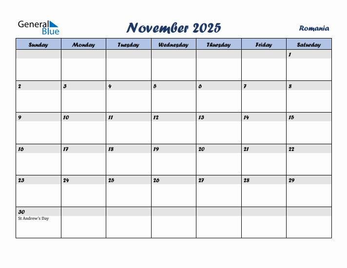 November 2025 Calendar with Holidays in Romania