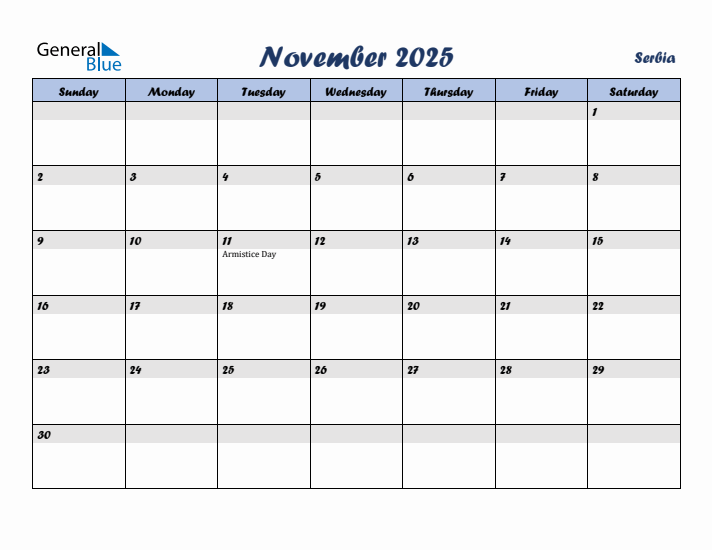November 2025 Calendar with Holidays in Serbia