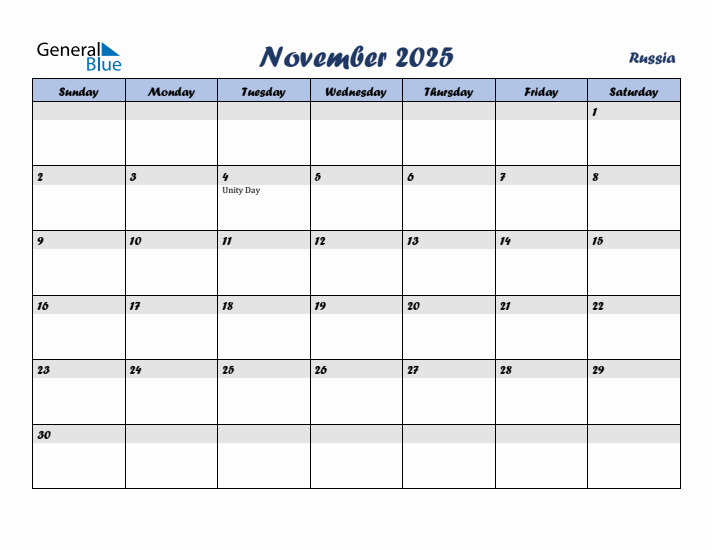 November 2025 Calendar with Holidays in Russia