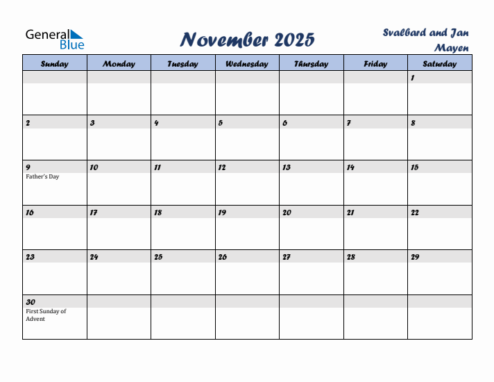 November 2025 Calendar with Holidays in Svalbard and Jan Mayen