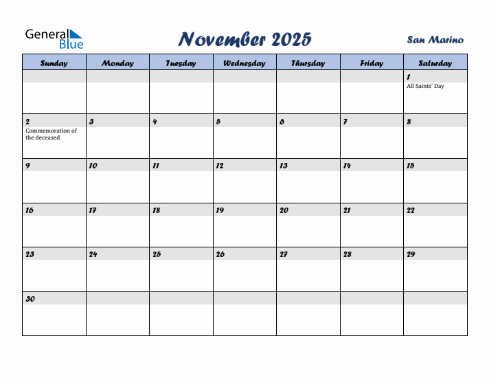 November 2025 Calendar with Holidays in San Marino
