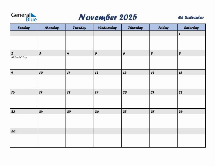 November 2025 Calendar with Holidays in El Salvador