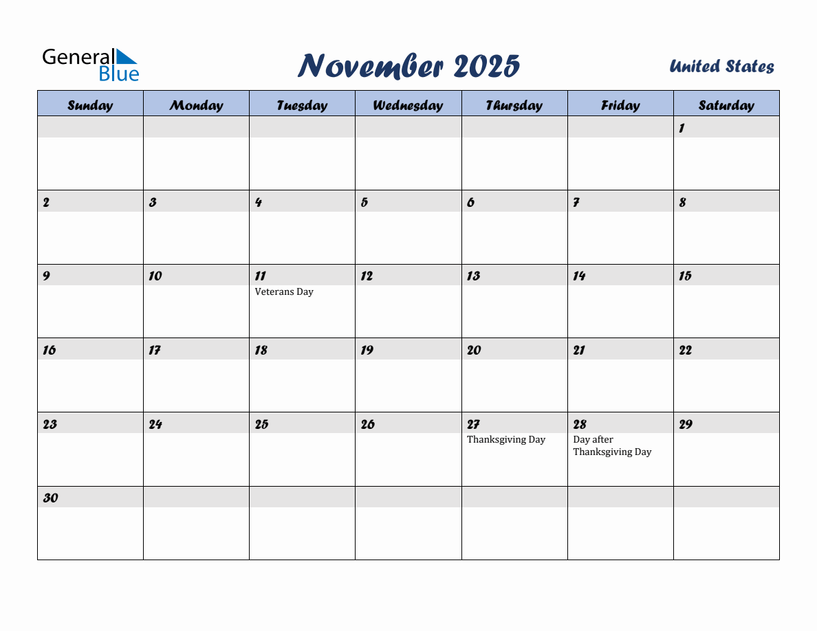 November 2025 Monthly Calendar Template with Holidays for United States