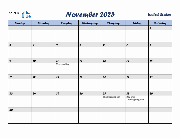 November 2025 Calendar with Holidays in United States