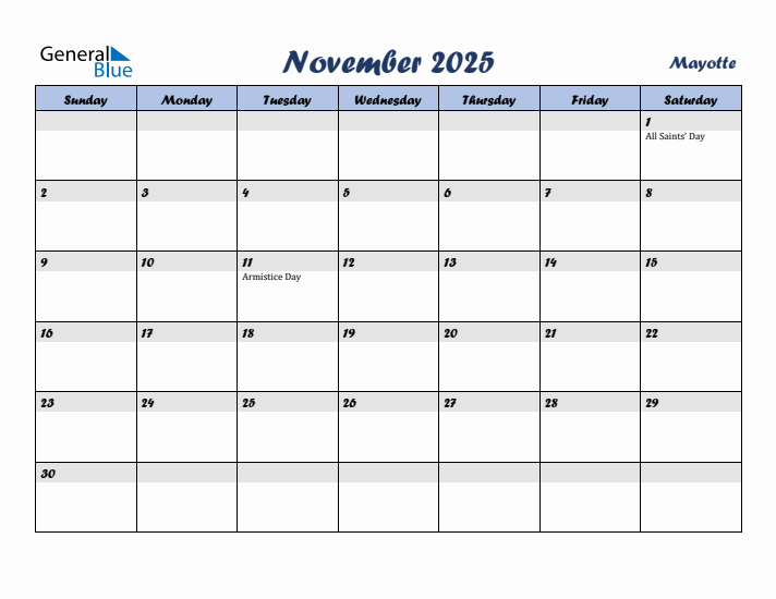 November 2025 Calendar with Holidays in Mayotte