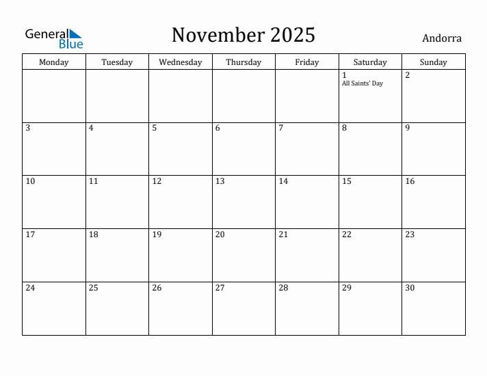 November 2025 Calendar Andorra