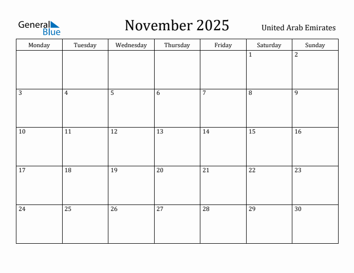 November 2025 Calendar United Arab Emirates