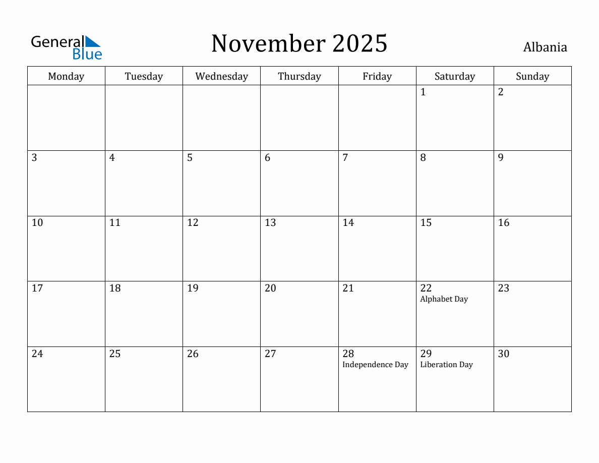 November 2025 Albania Monthly Calendar with Holidays