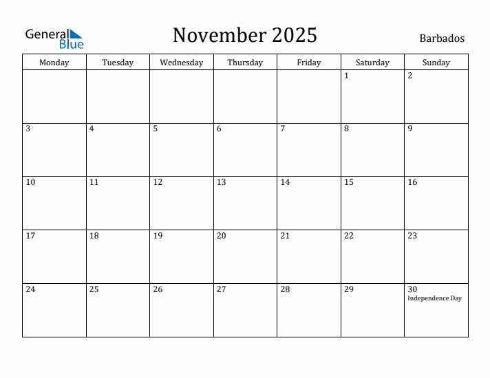 November 2025 Calendar Barbados
