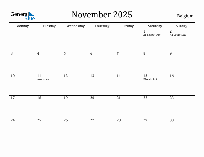 November 2025 Calendar Belgium