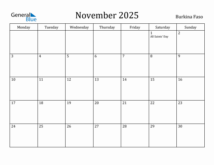 November 2025 Calendar Burkina Faso