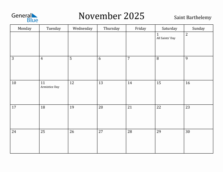 November 2025 Calendar Saint Barthelemy