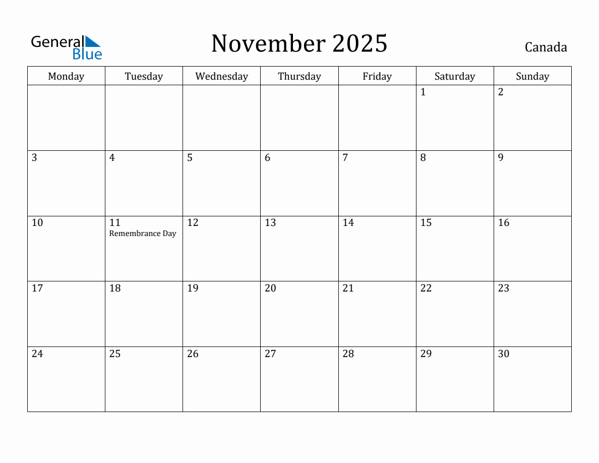 November 2025 Canada Monthly Calendar with Holidays