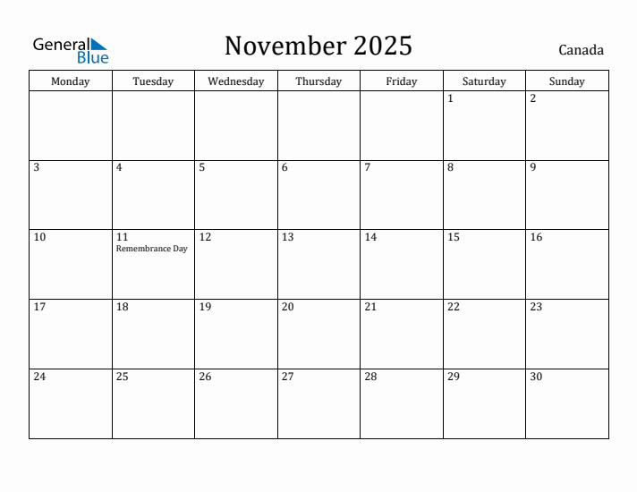 November 2025 Canada Monthly Calendar with Holidays