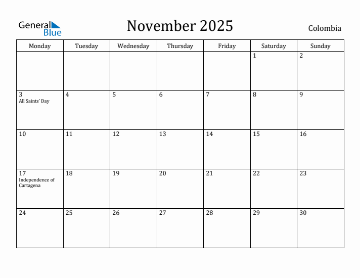 November 2025 Calendar Colombia