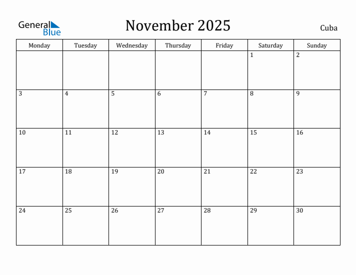 November 2025 Calendar Cuba