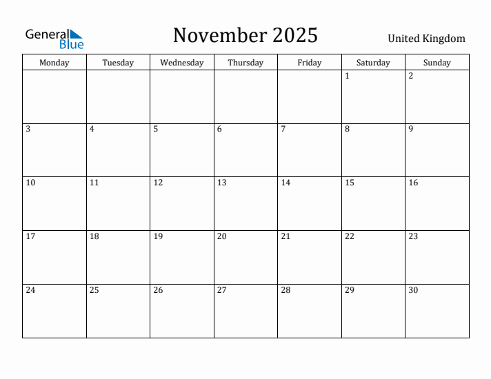 November 2025 Calendar United Kingdom