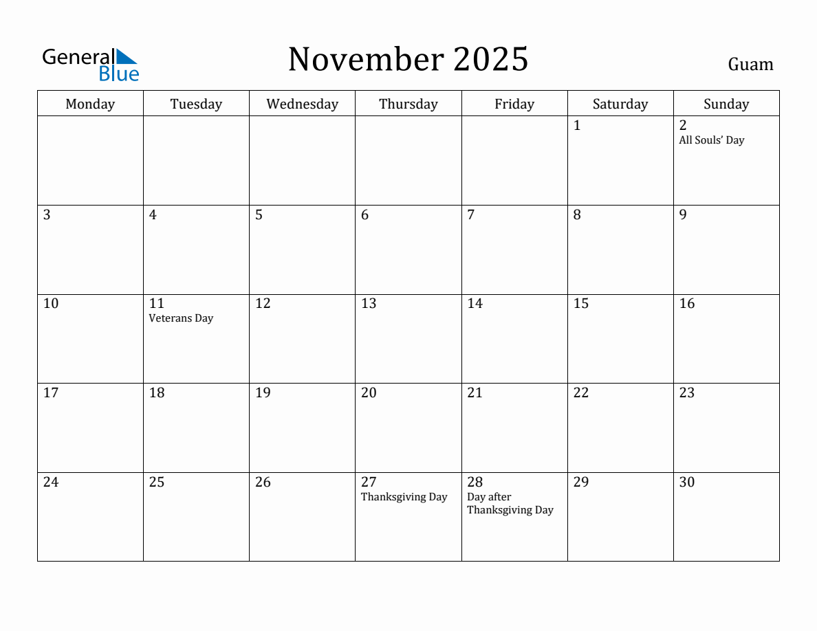 November 2025 Guam Monthly Calendar with Holidays