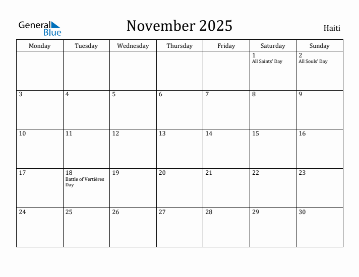November 2025 Calendar Haiti