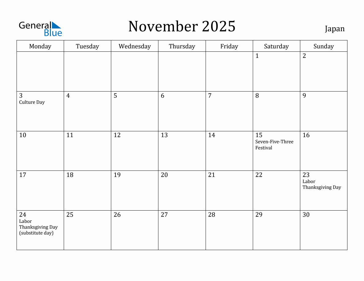 November 2025 Japan Monthly Calendar with Holidays