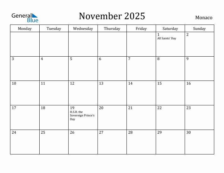 November 2025 Calendar Monaco