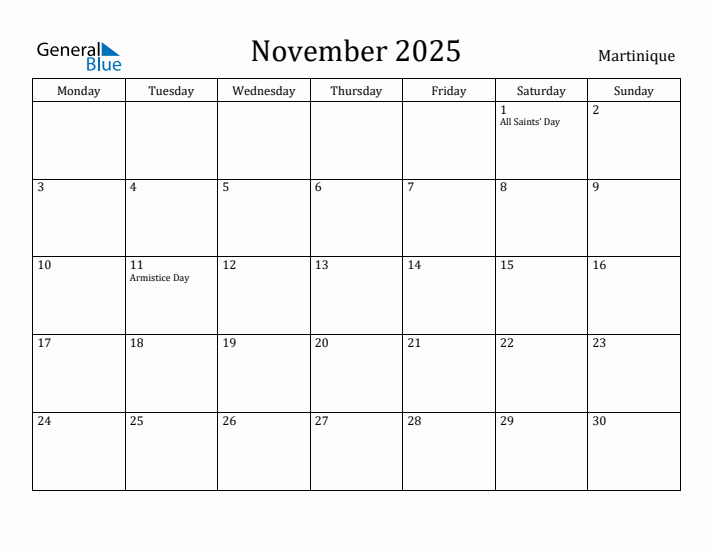 November 2025 Calendar Martinique