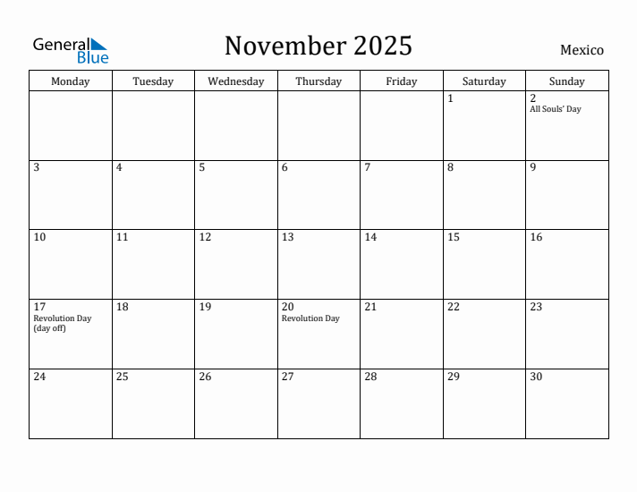 November 2025 Calendar Mexico