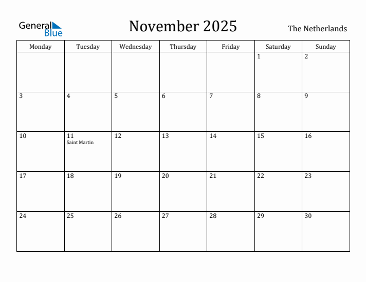November 2025 Calendar The Netherlands