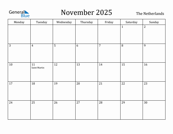 November 2025 Netherlands Monthly Calendar with Holidays