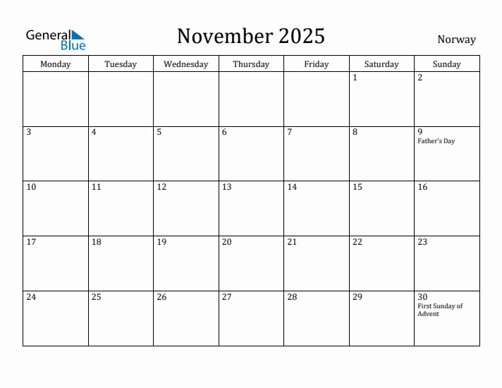 November 2025 Calendar Norway