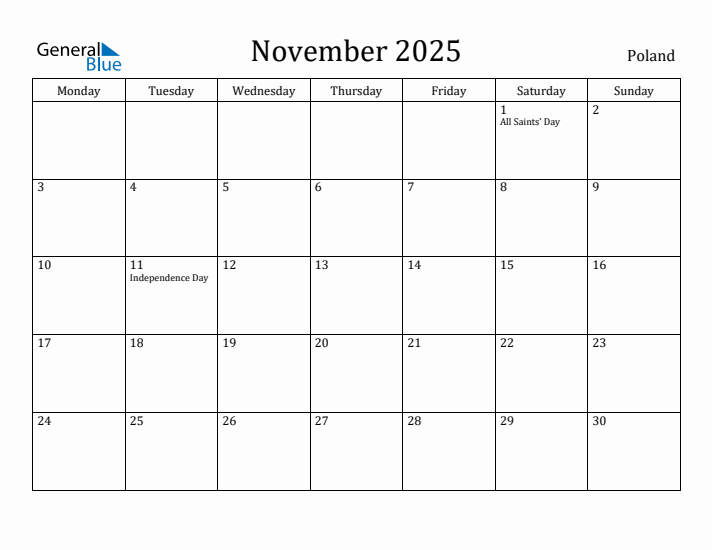 November 2025 Calendar Poland
