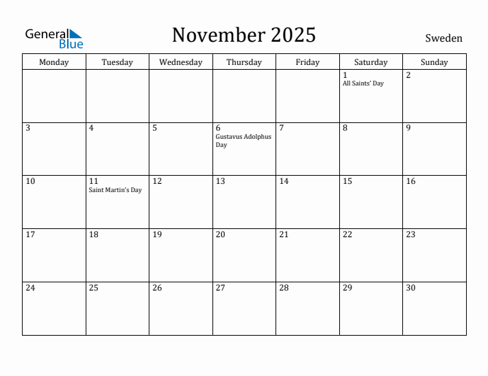 November 2025 Calendar Sweden