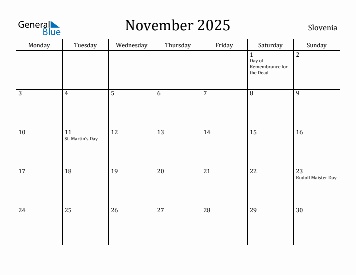 November 2025 Calendar Slovenia