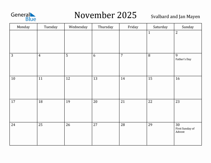 November 2025 Calendar Svalbard and Jan Mayen