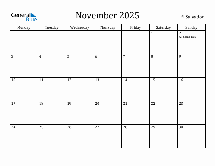 November 2025 Calendar El Salvador